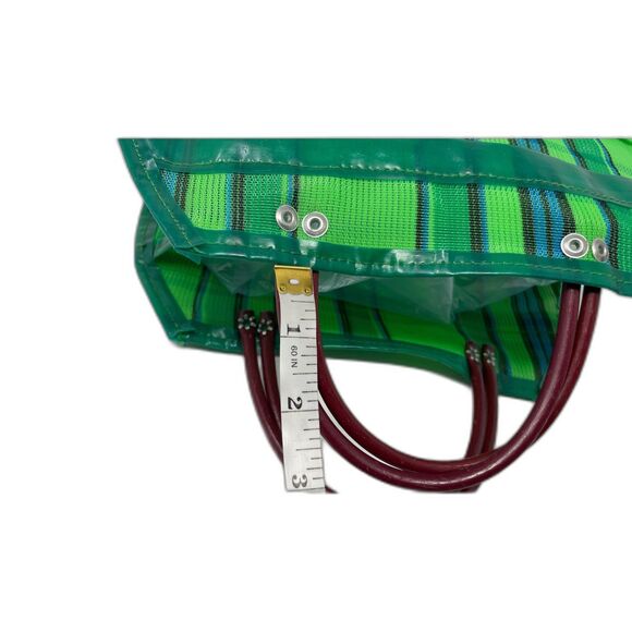 Mexican Small Hand Bag Tote Purse Green Plastic Striped 10”X 9” Boho - Picture 7 of 8